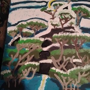 treesNicole Forested Hilltop Acrylic Painting in Blue, Green & White